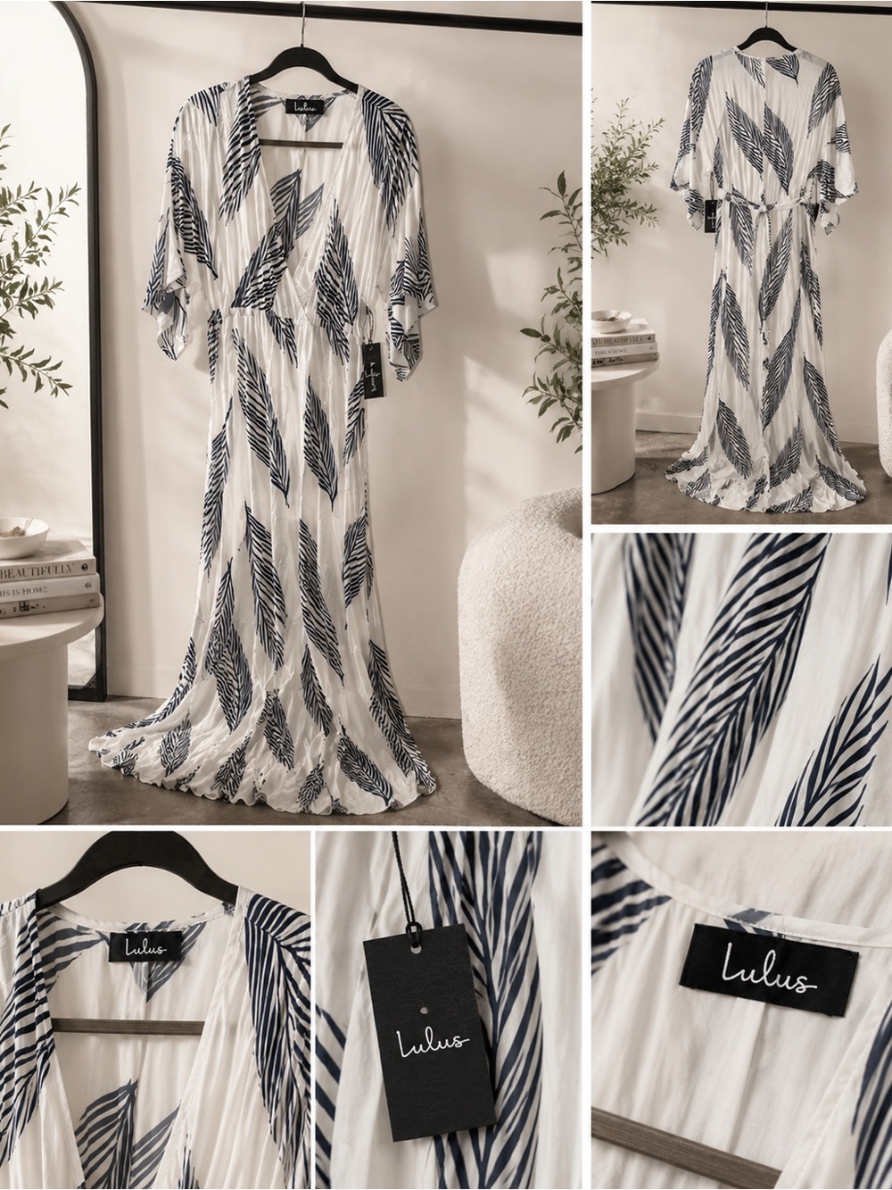 Lulu's White Maxi Dress with Navy Leaf Print